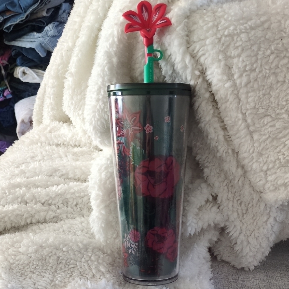 Starbucks Floral Tumbler with Red and Green Accents 2022